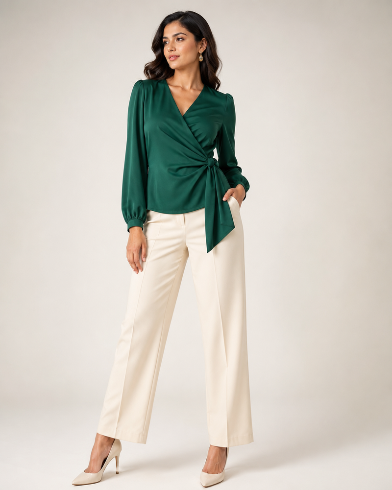 Woman wearing the Dezire emerald green wrap blouse