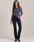 Woman wearing the Dezire Marine navy striped long-sleeve tee