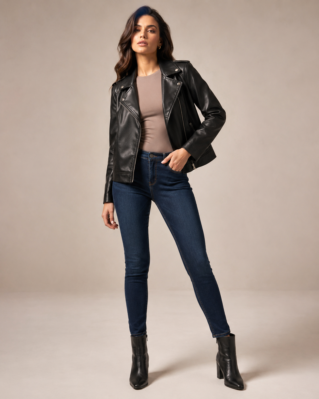 Woman wearing the Dezire Noir black biker jacket