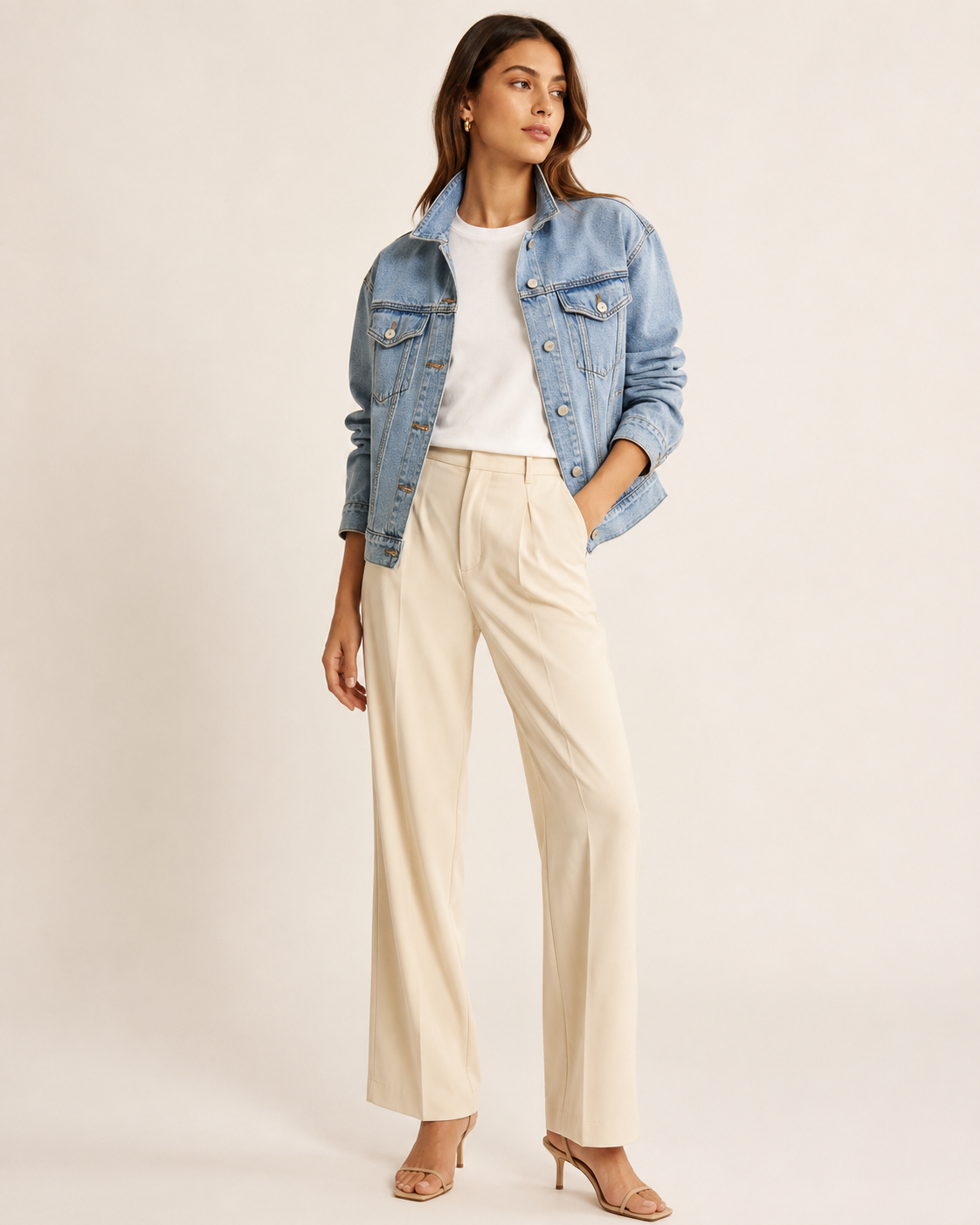 Woman wearing the Dezire Weekend light blue denim jacket