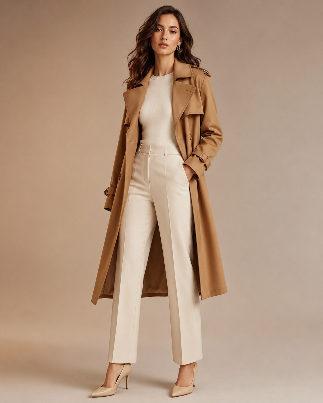 Woman wearing the Dezire Regent camel trench coat