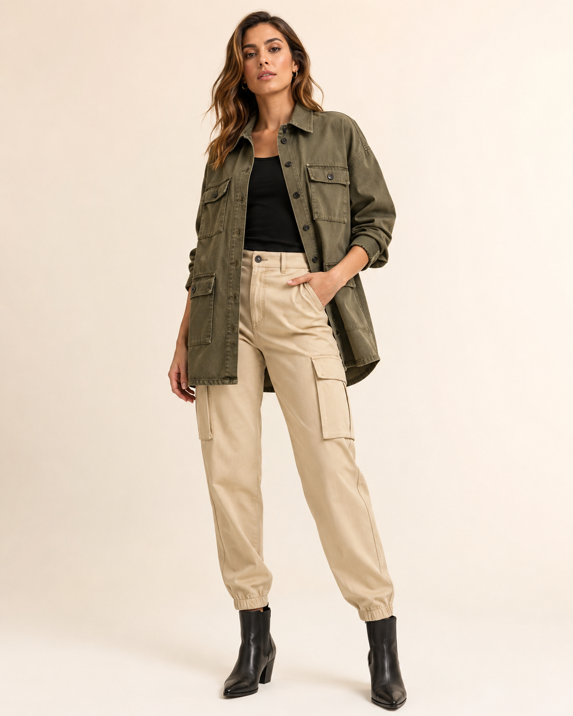 Woman wearing the Dezire Field olive utility jacket