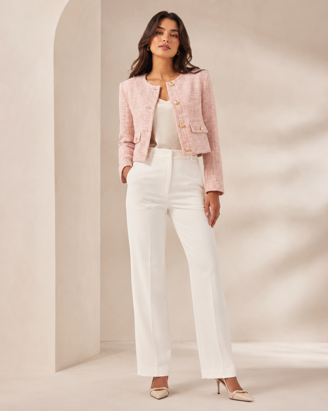 Woman wearing the Dezire Rosé soft pink tweed jacket