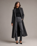 Woman wearing the Dezire Metro charcoal long coat