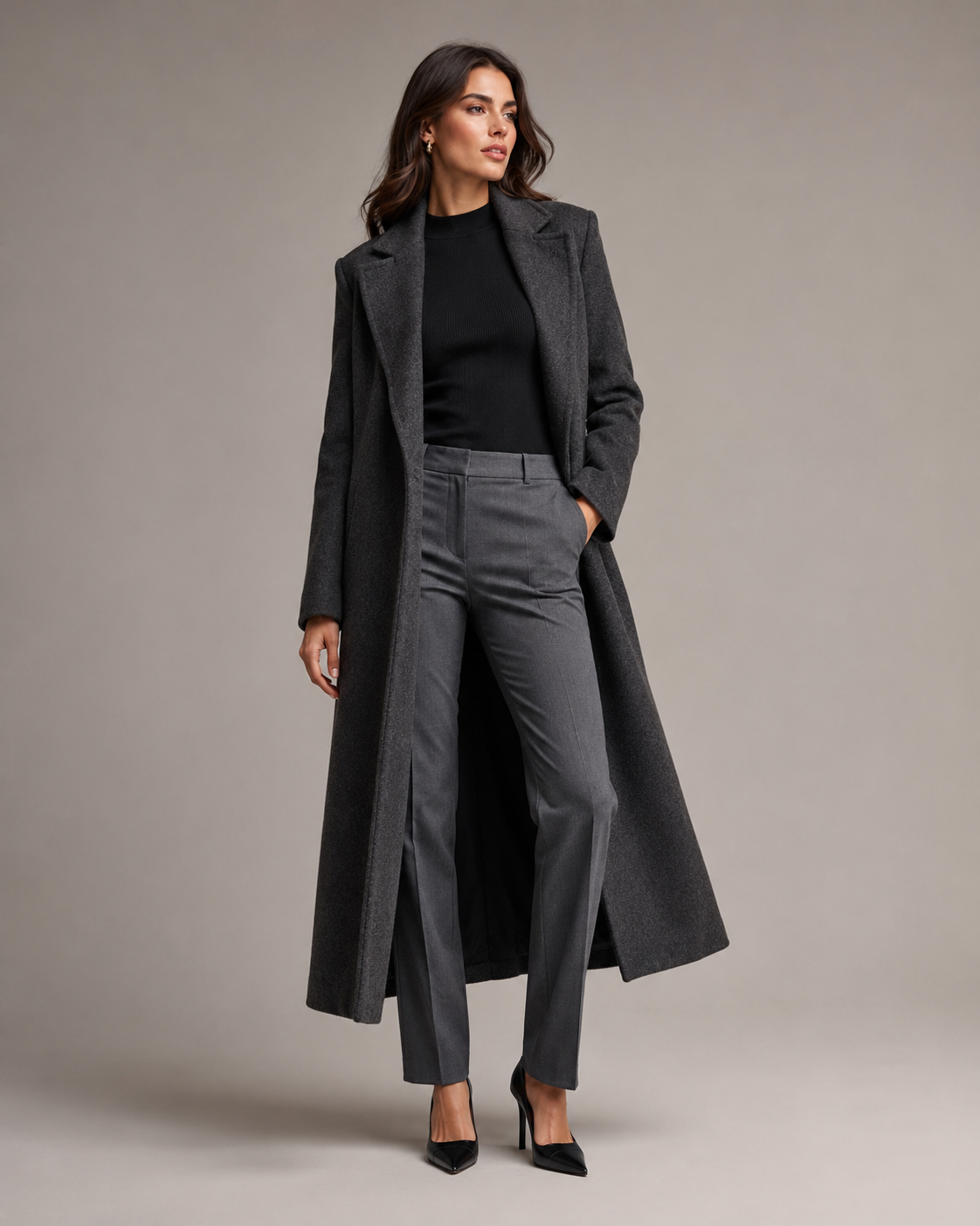 Woman wearing the Dezire Metro charcoal long coat