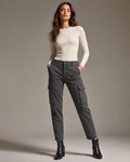 DEZIRE charcoal tapered cargo pants for women on a studio model