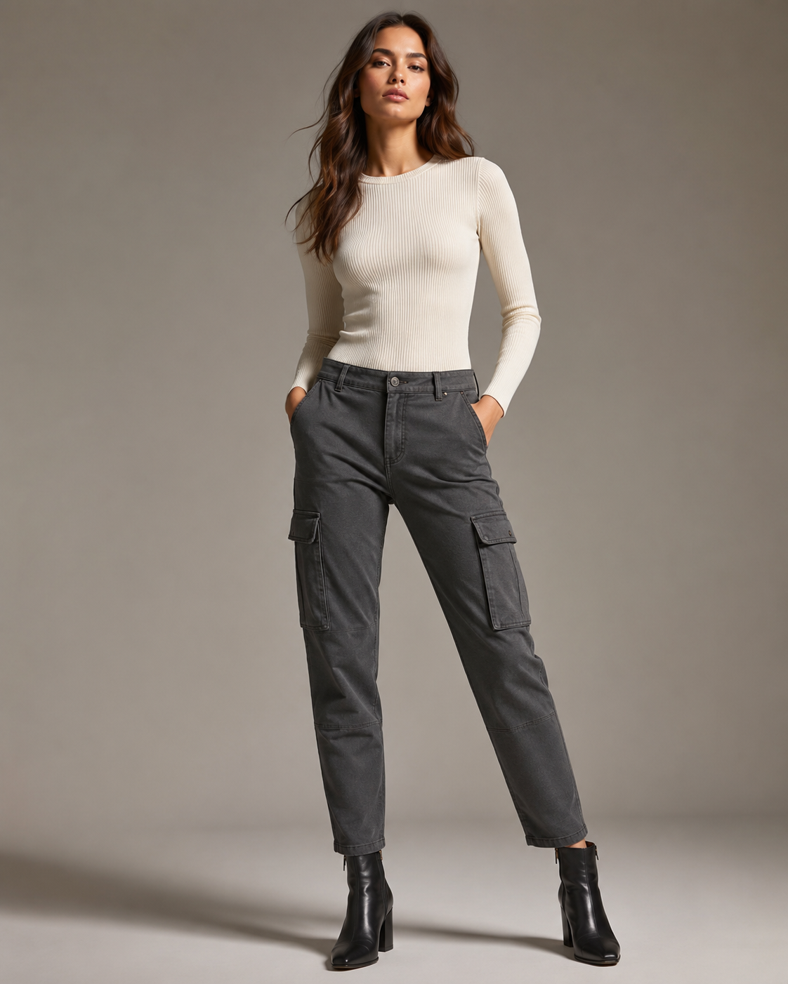 DEZIRE charcoal tapered cargo pants for women on a studio model