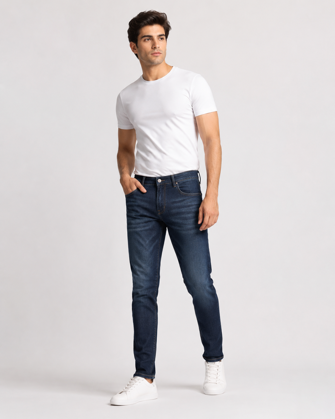 DEZIRE dark indigo slim fit jeans for men on a studio model