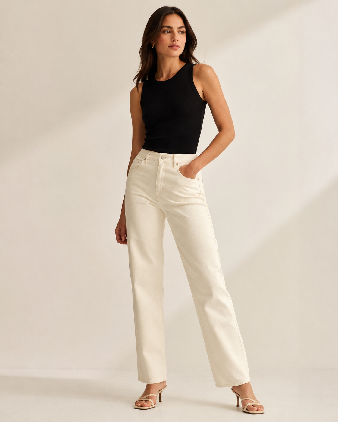 DEZIRE ecru high rise straight jeans for women on a studio model