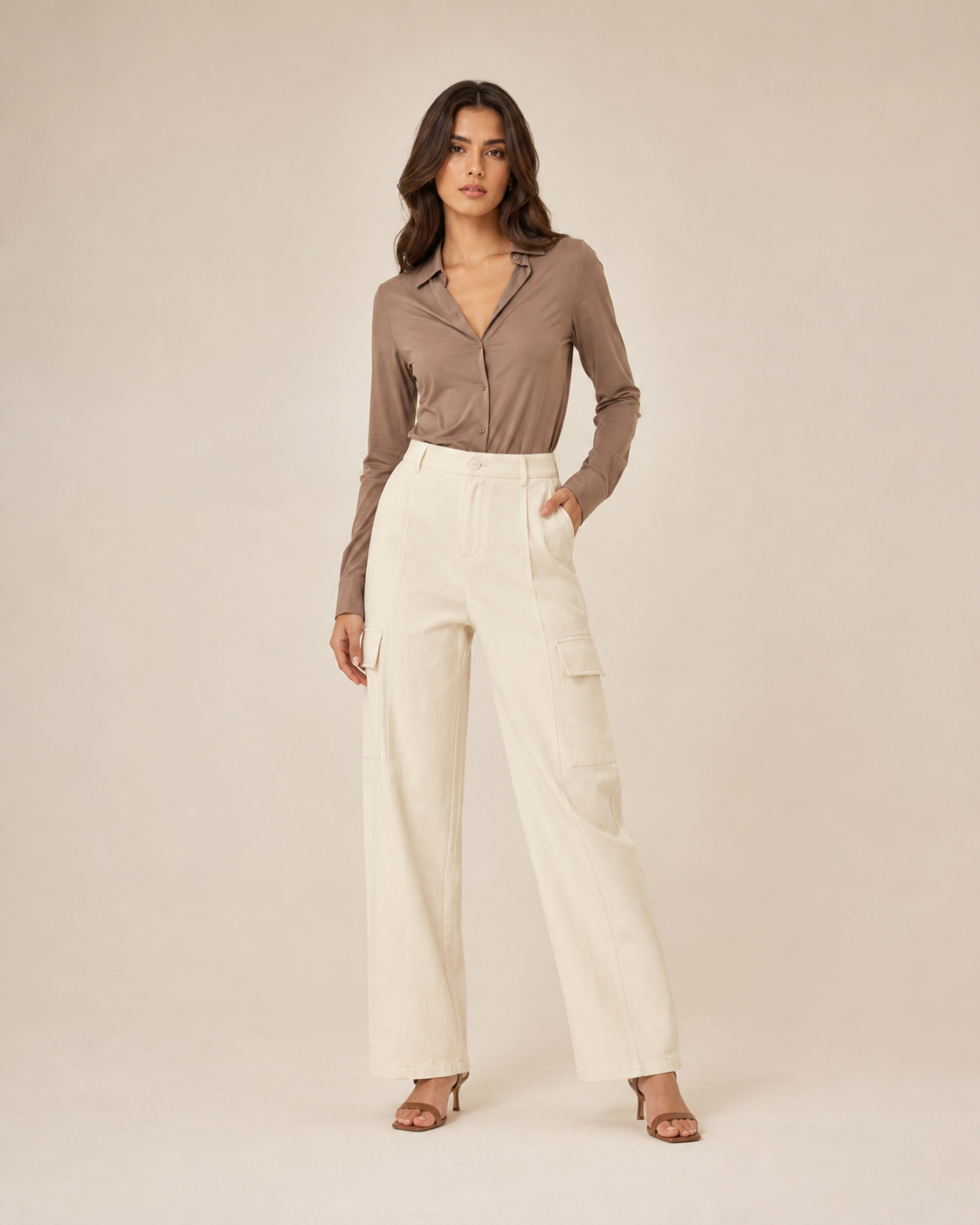 DEZIRE ivory wide leg cargo pants for women on a studio model