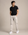 DEZIRE light grey straight cargo pants for men on a studio model