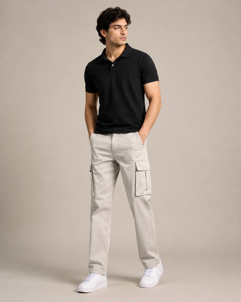 DEZIRE light grey straight cargo pants for men on a studio model