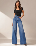 DEZIRE medium blue high rise wide leg jeans for women on a studio model