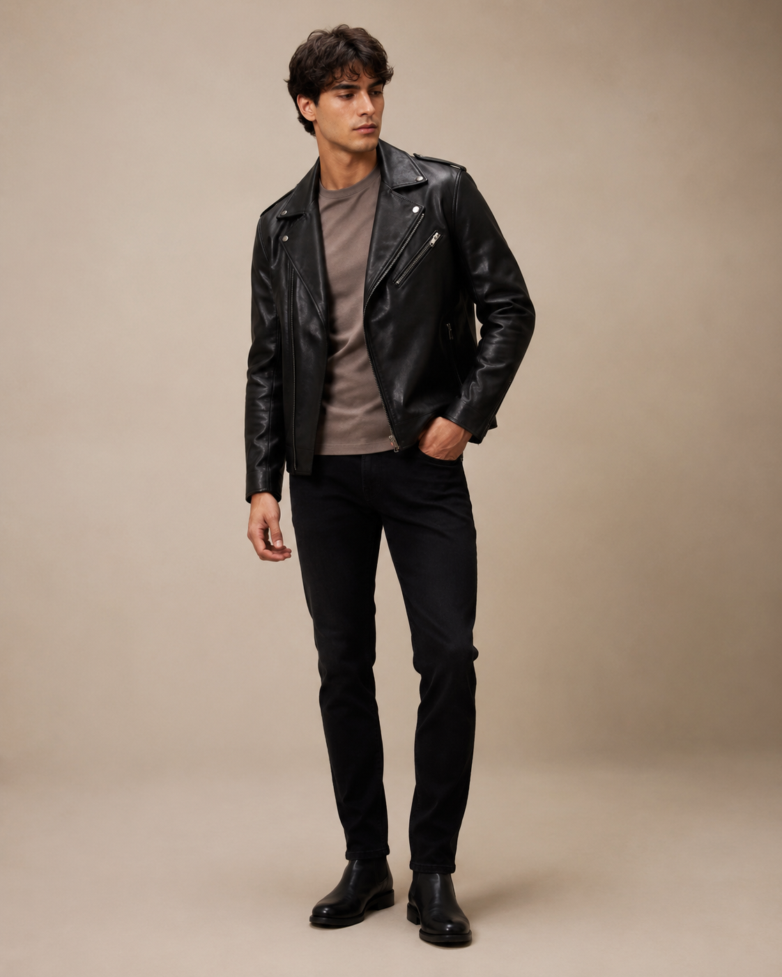 Man wearing the Dezire Rogue black biker jacket