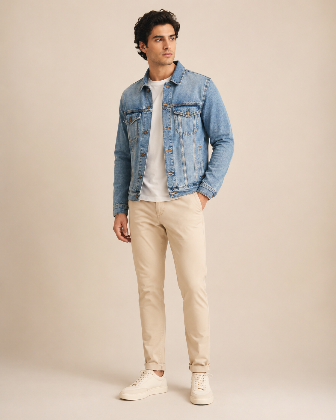 Man wearing the Dezire Atlas light blue denim jacket