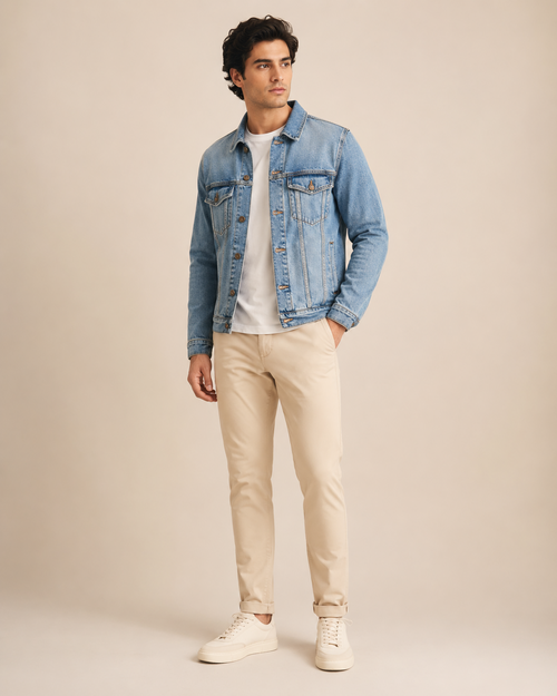 Man wearing the Dezire Atlas light blue denim jacket