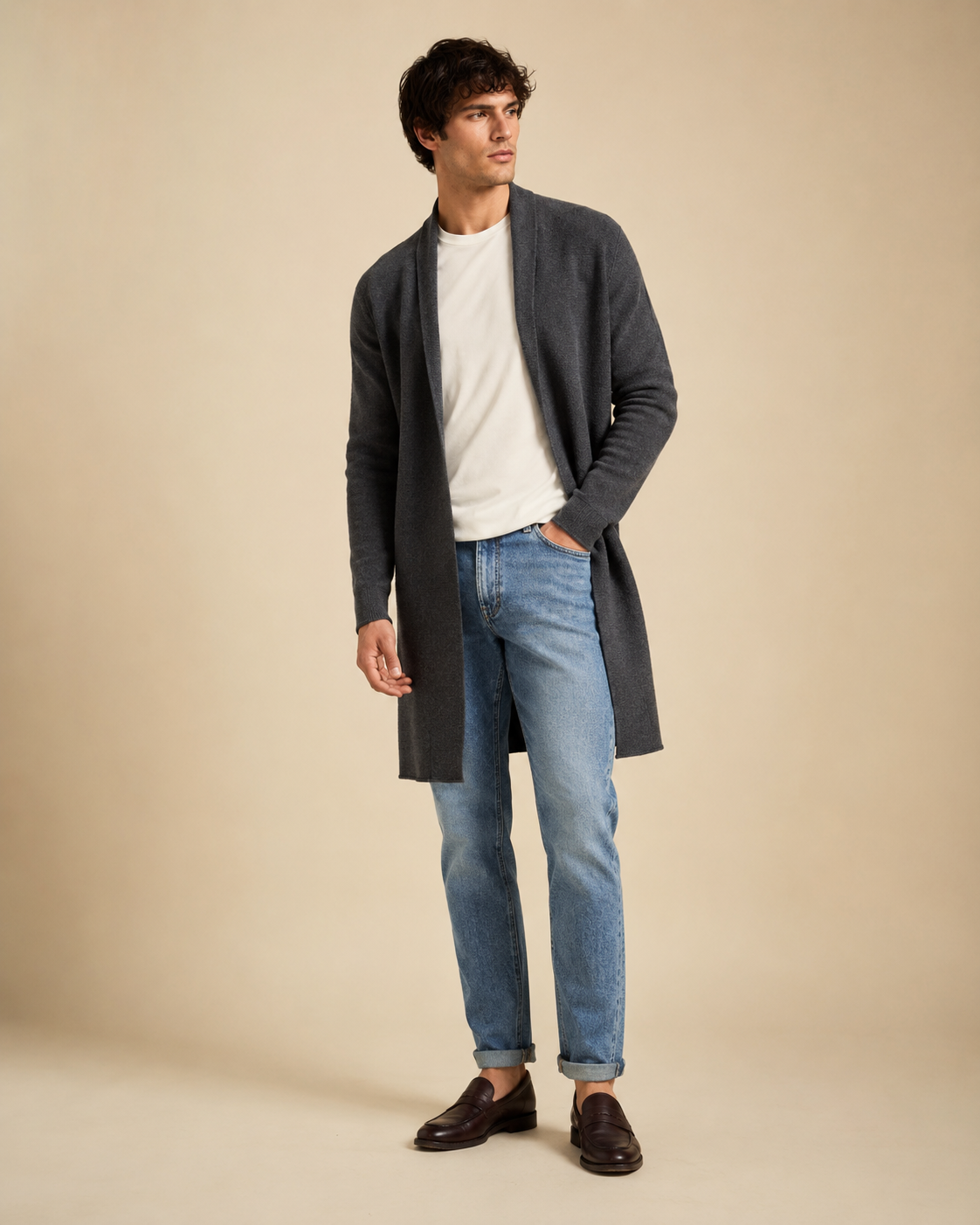 Man wearing the Dezire Drift charcoal longline cardigan