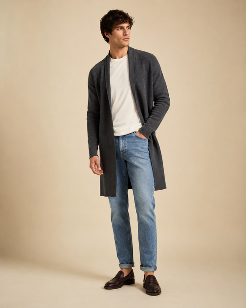 Man wearing the Dezire Drift charcoal longline cardigan