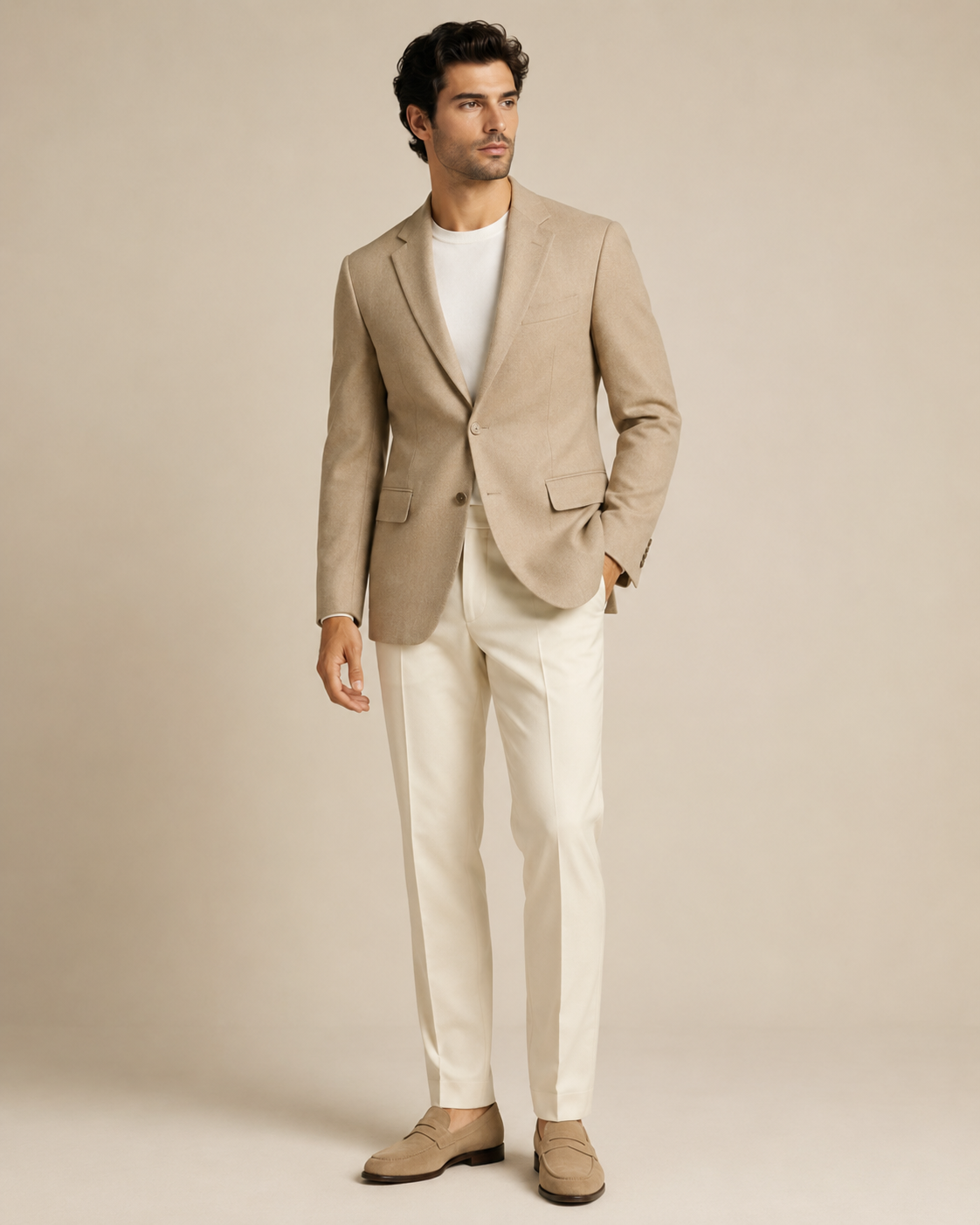 Man wearing the Dezire Sandstone beige tailored blazer