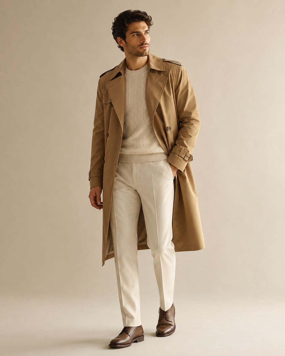 Man wearing the Dezire Heritage camel trench coat