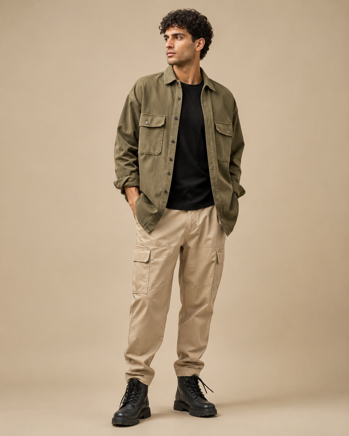 Man wearing the Dezire Terrain olive utility overshirt