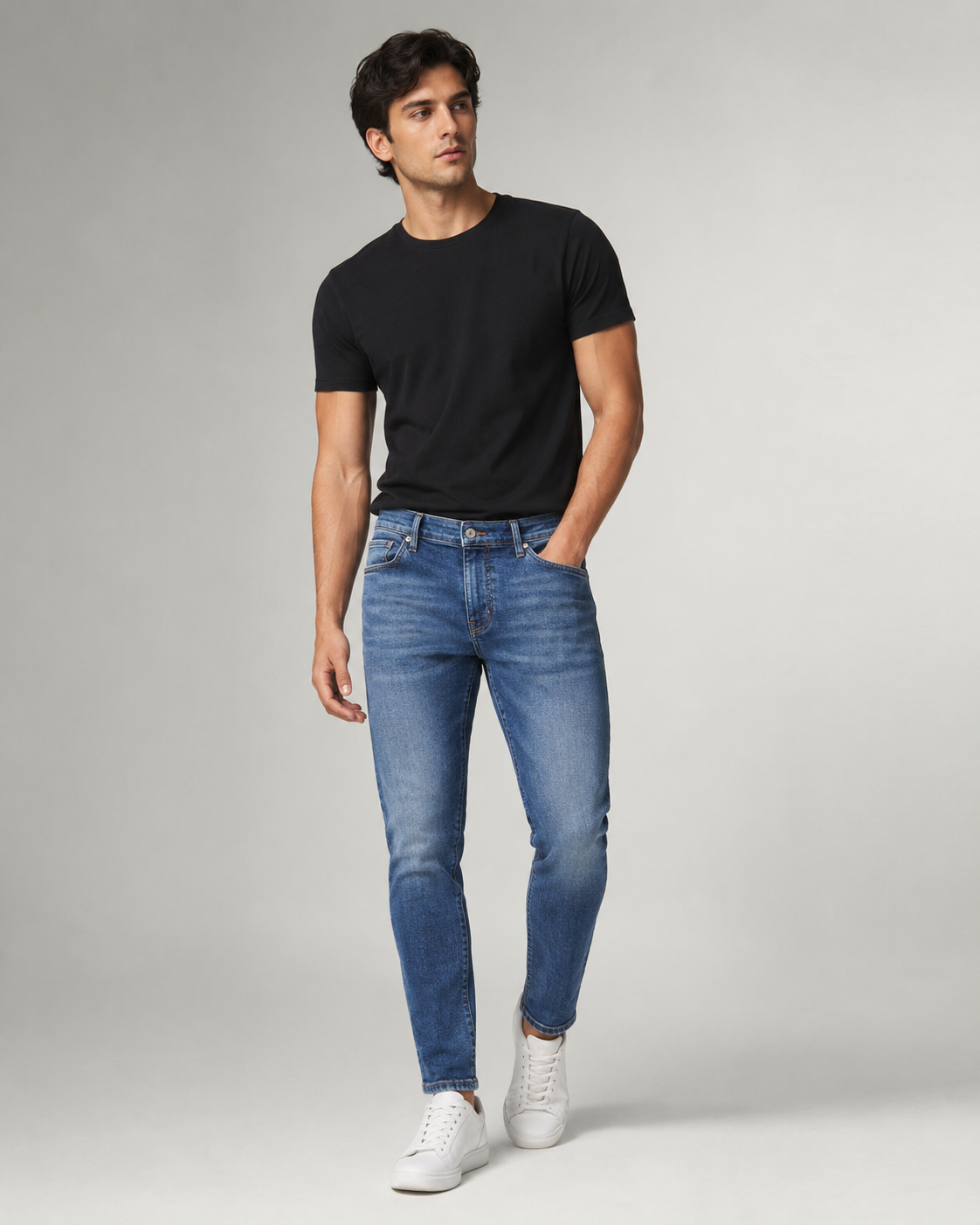 DEZIRE mid blue slim taper jeans for men on a studio model