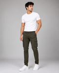 DEZIRE olive slim cargo pants for men on a studio model
