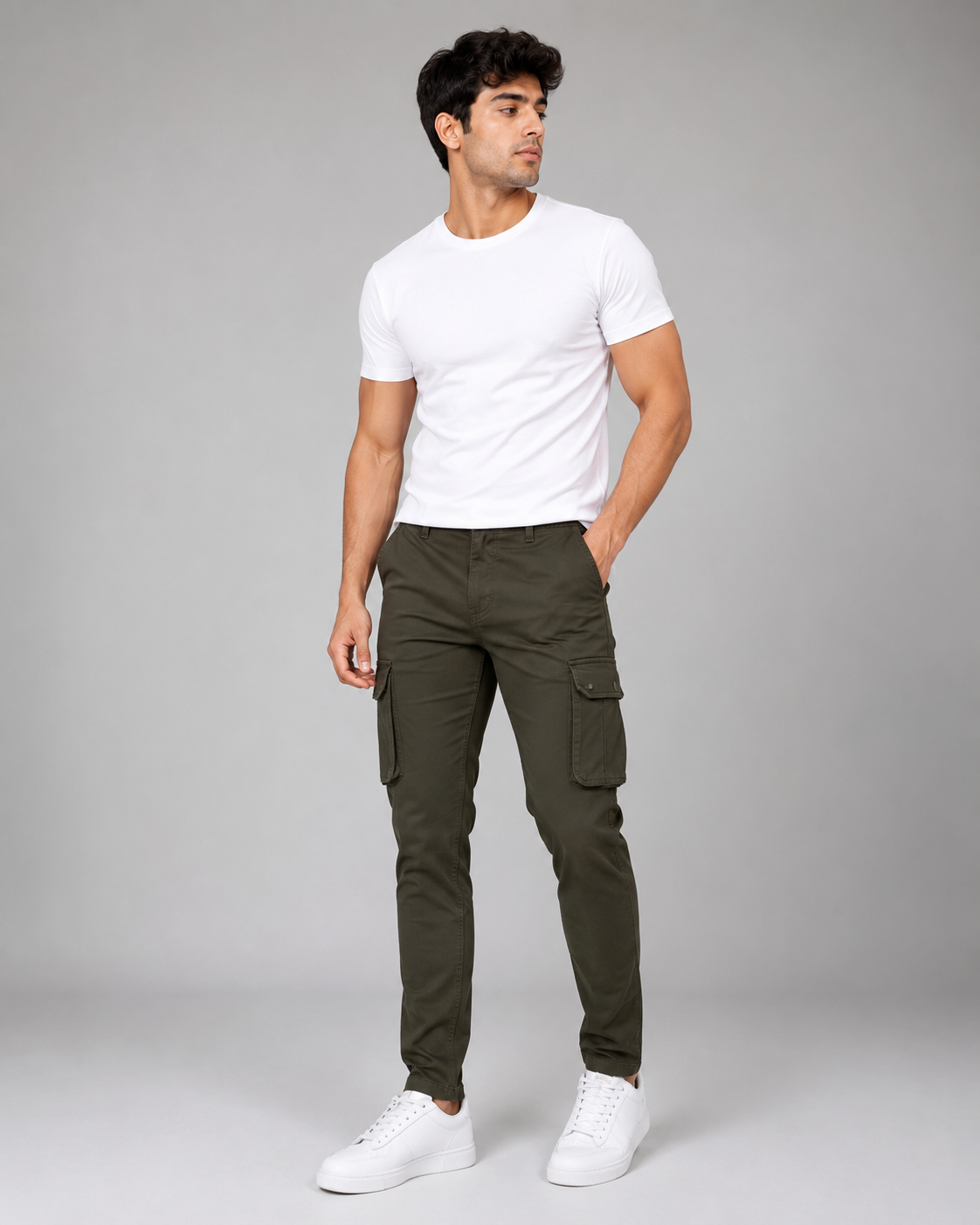DEZIRE olive slim cargo pants for men on a studio model