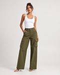 DEZIRE olive wide leg cargo pants for women on a studio model