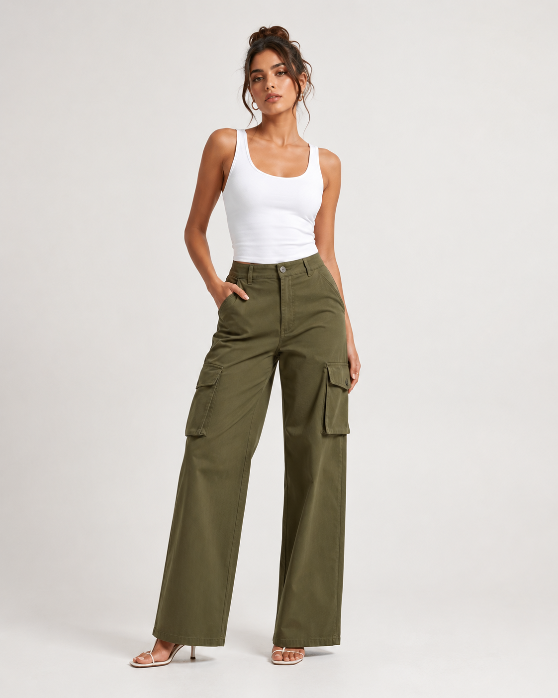 DEZIRE olive wide leg cargo pants for women on a studio model