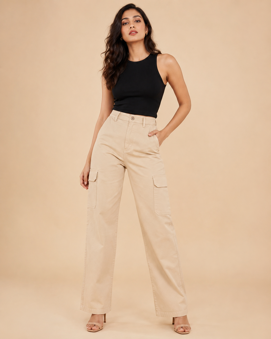 DEZIRE sand wide leg cargo pants for women on a studio model