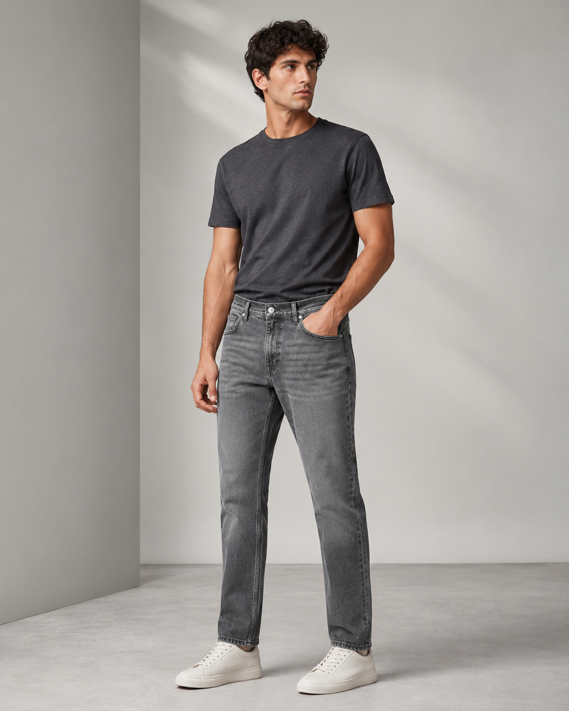 DEZIRE washed grey straight fit jeans for men on a studio model