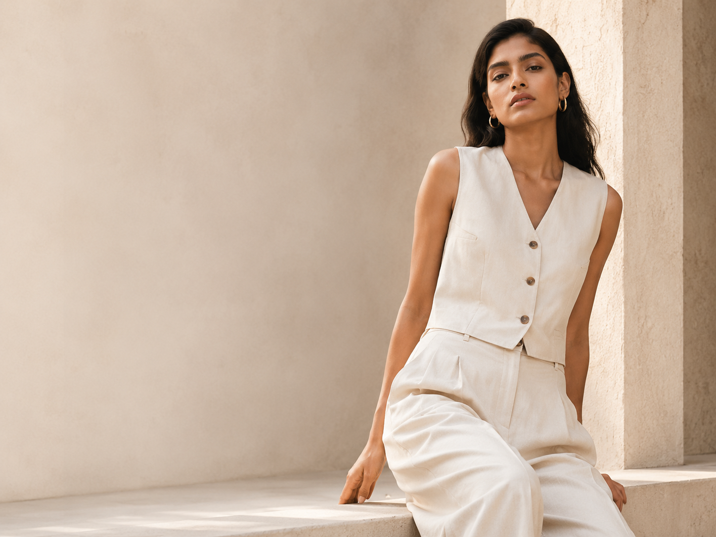 Woman wearing a refined neutral Dezire outfit